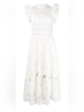 Ulla Johnson Zemora Midi Dress Shell Embellishments Tiered Ruffling Sz 6 White